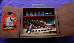 A.C. Gilbert Company Wooden 1920s Chemistry Set interior as found